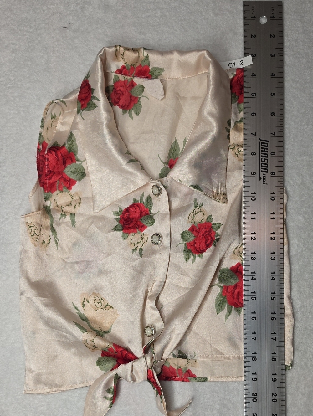 Cream Floral Tie-Front Camisole with Red Rose Print
